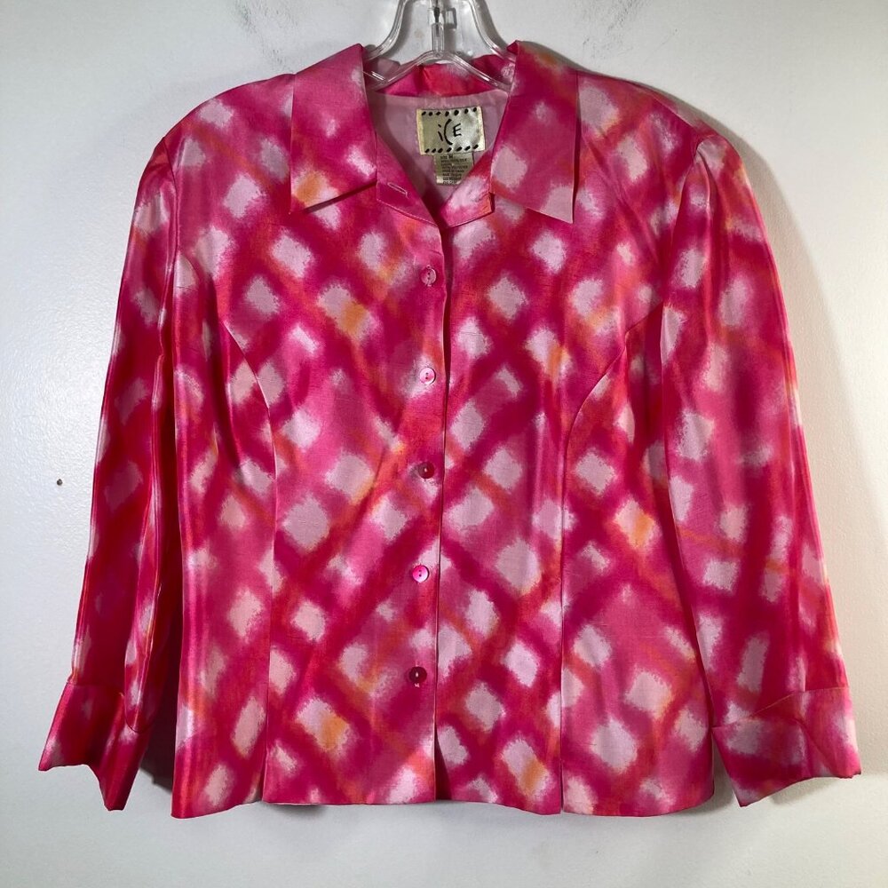 Womens Vintage ICE Silk Button Shirt Lined Pink White M Watercolor Art